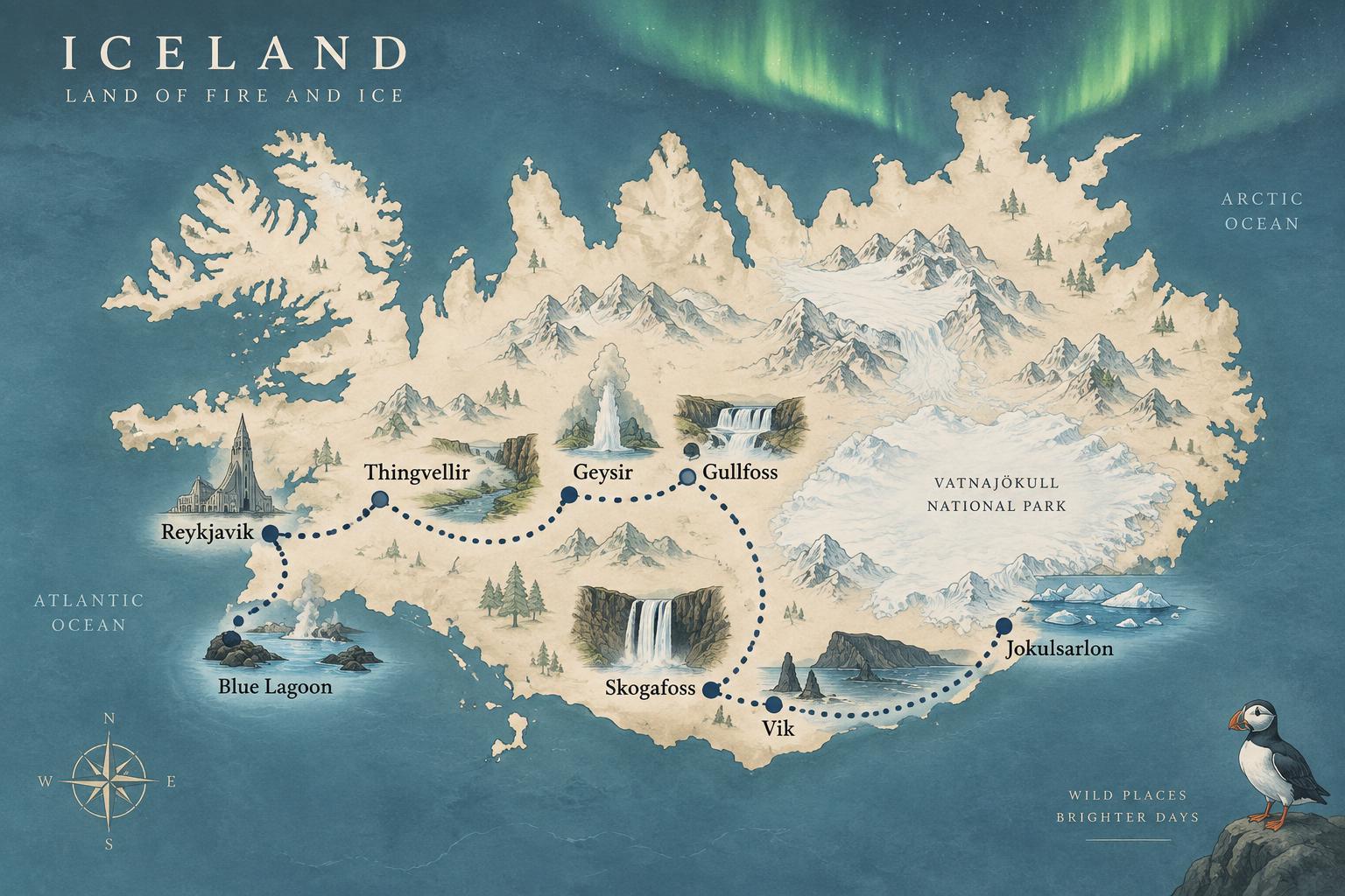 Illustrated route map of Iceland from Reykjavík through Thingvellir, Geysir, Gullfoss, Skógafoss, Vík, and Jökulsárlón, ending at the Blue Lagoon