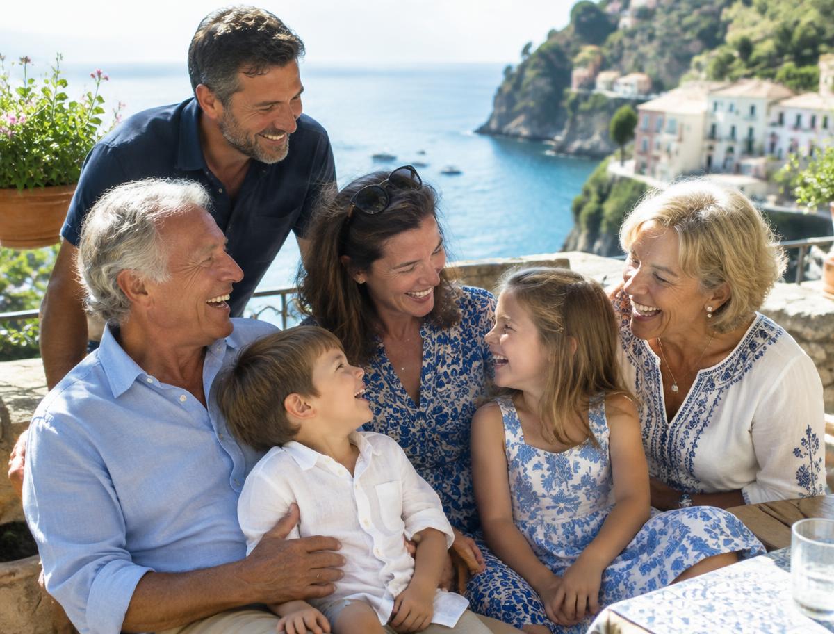 Grandparents, their adult children, and grandchildren laughing together on a seaside terrace