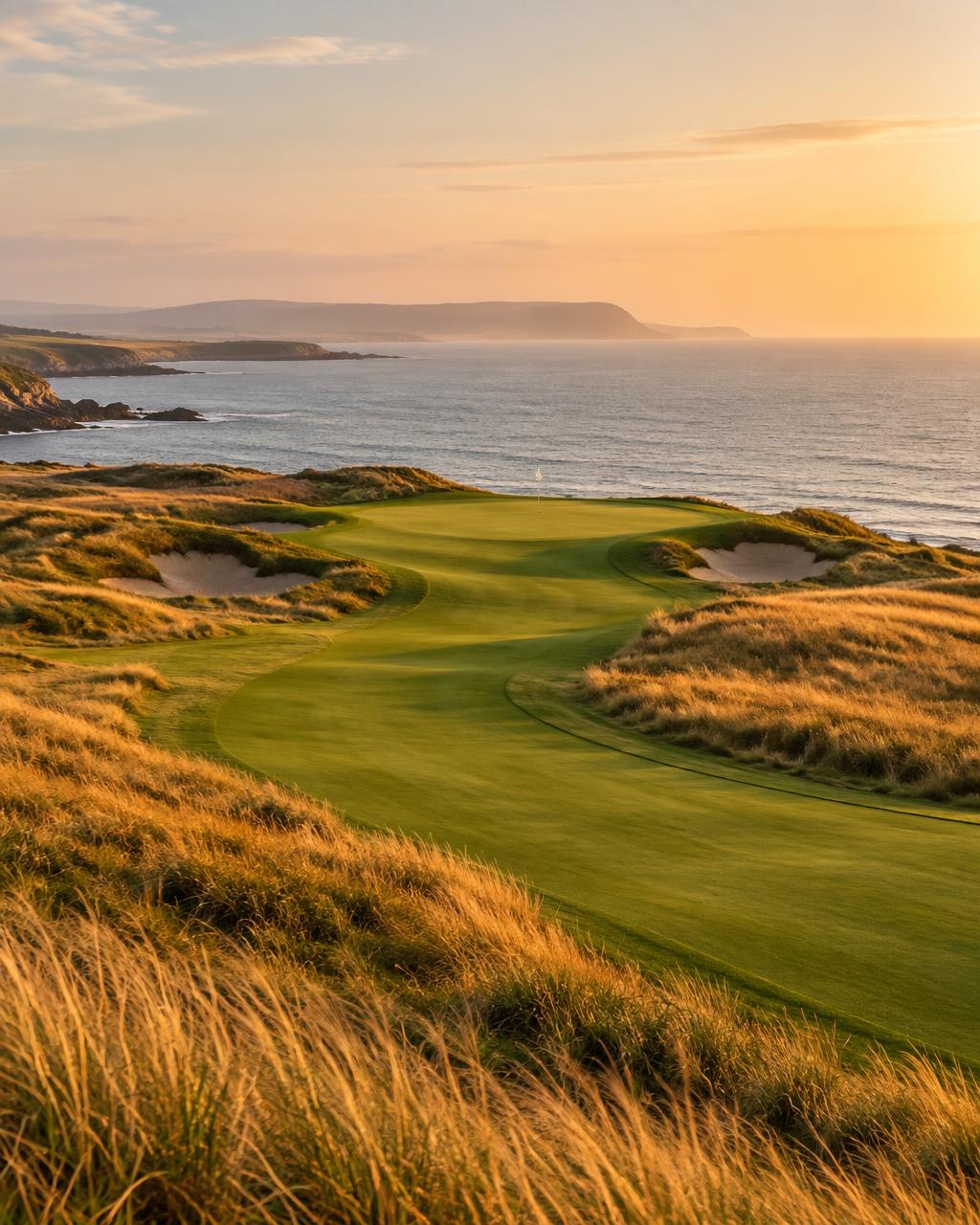 A manicured links golf fairway curving through golden rough toward the sea at sunset