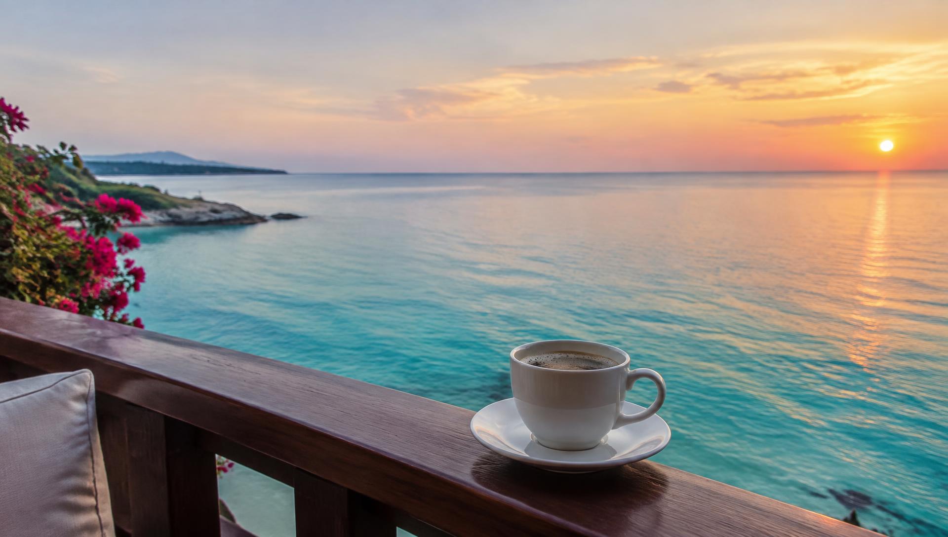 A cup of morning coffee on a balcony railing overlooking calm turquoise water at sunrise