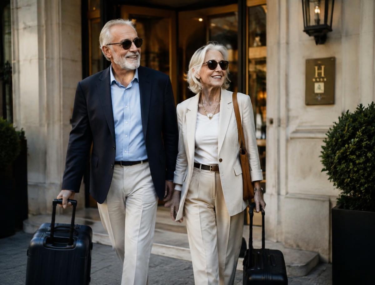 A smiling couple stepping out of an elegant hotel entrance with their luggage