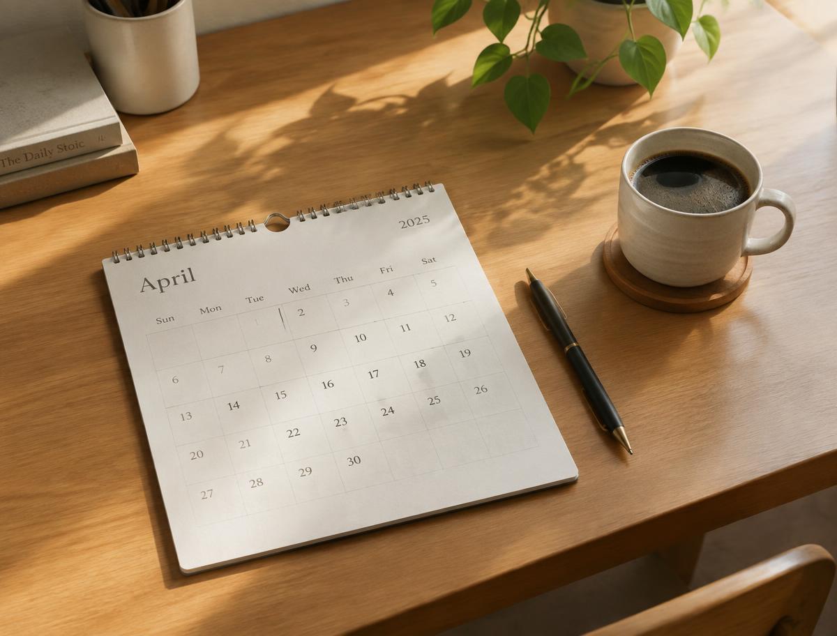A calm wooden desk with a paper calendar, a pen, and a cup of coffee in morning light