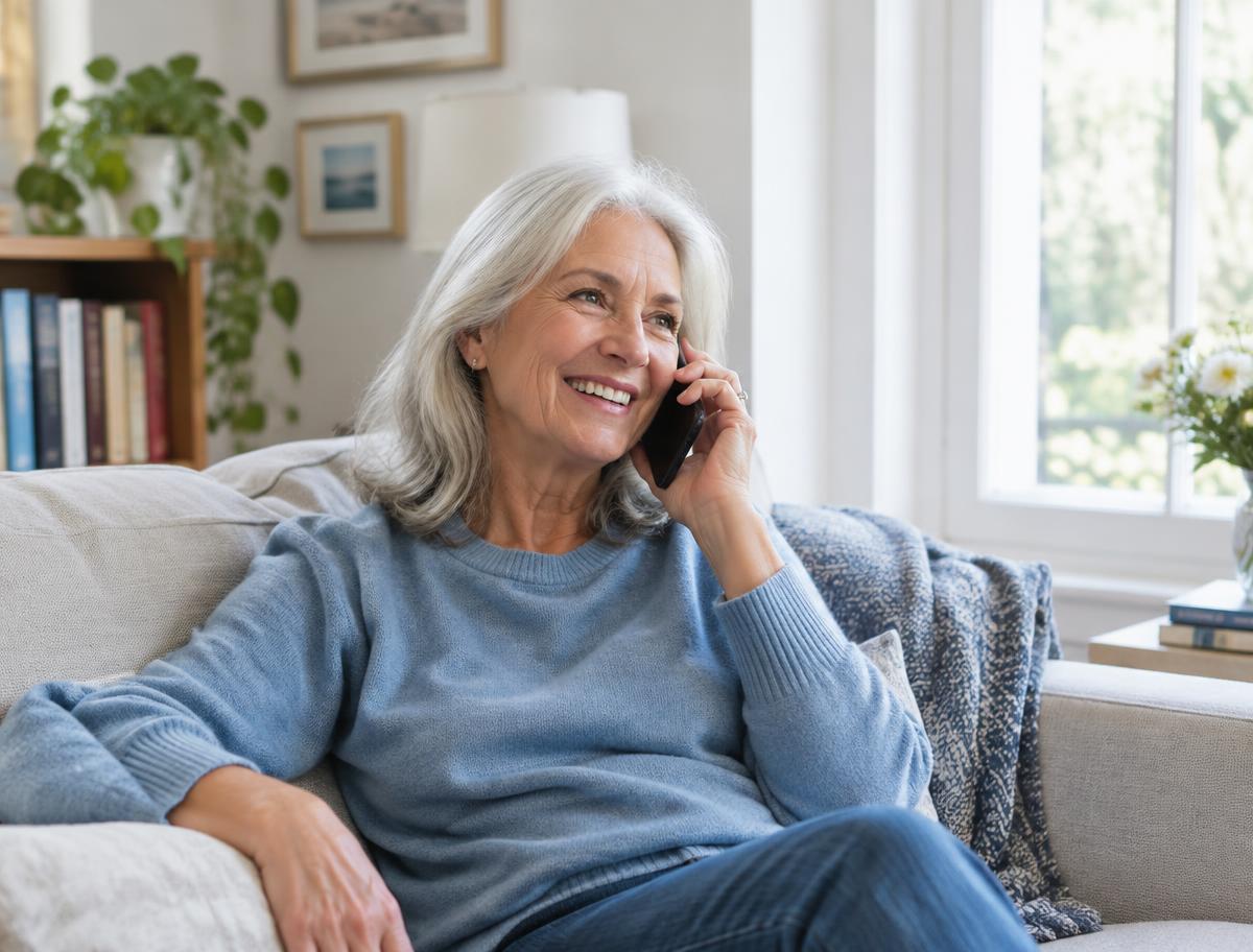 A woman relaxing on her sofa at home, smiling during a phone conversation