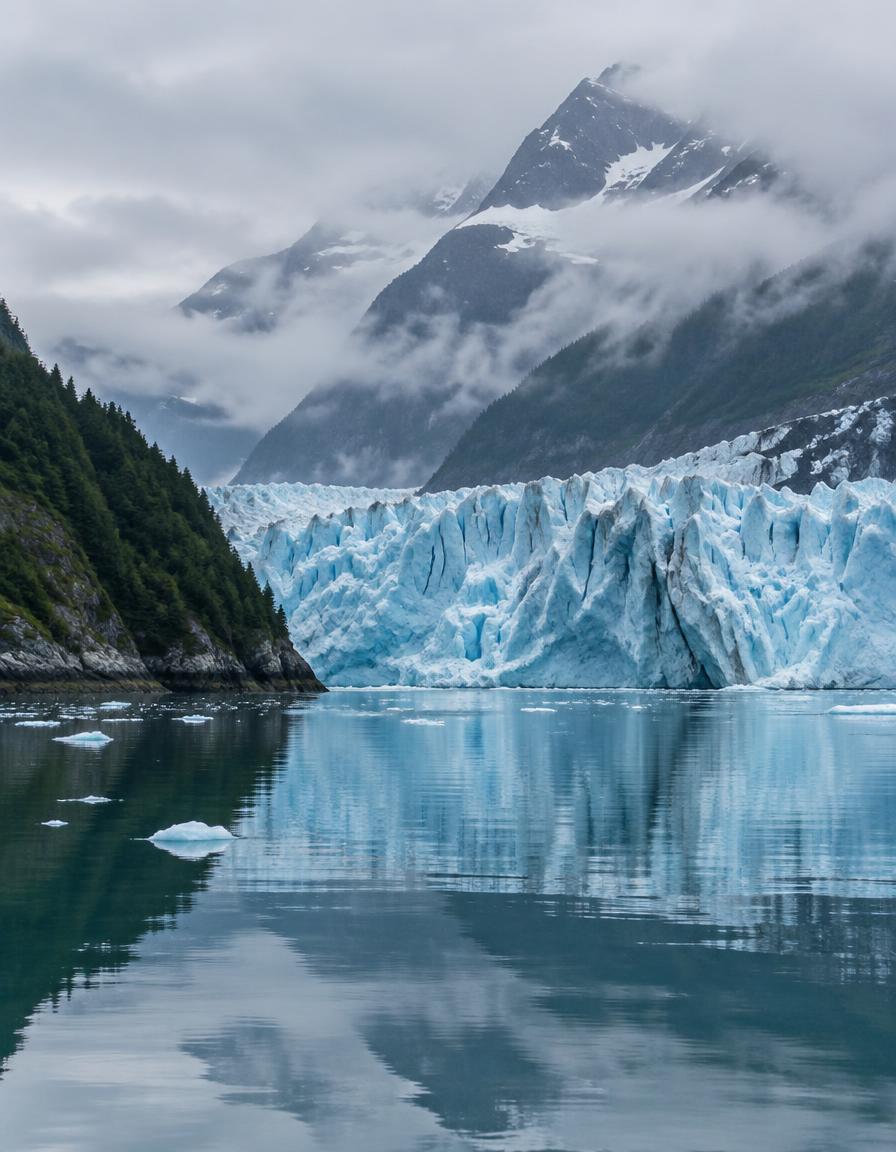 A blue glacier meeting calm water in Alaska's Inside Passage