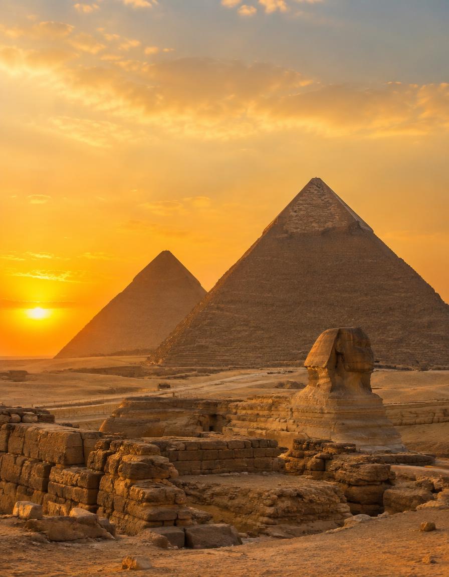 The pyramids of Giza and the Sphinx at golden hour