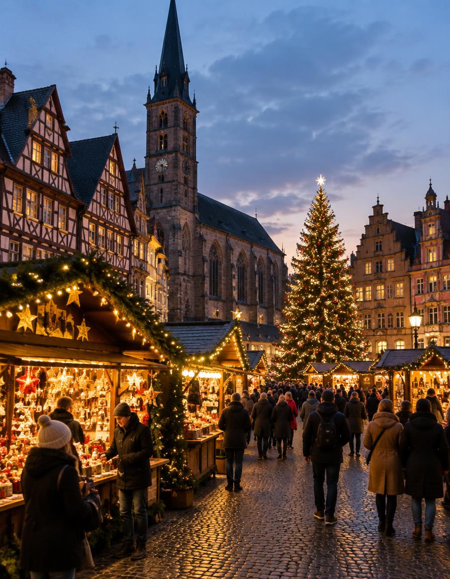 A European Christmas market glowing at dusk beneath a historic church