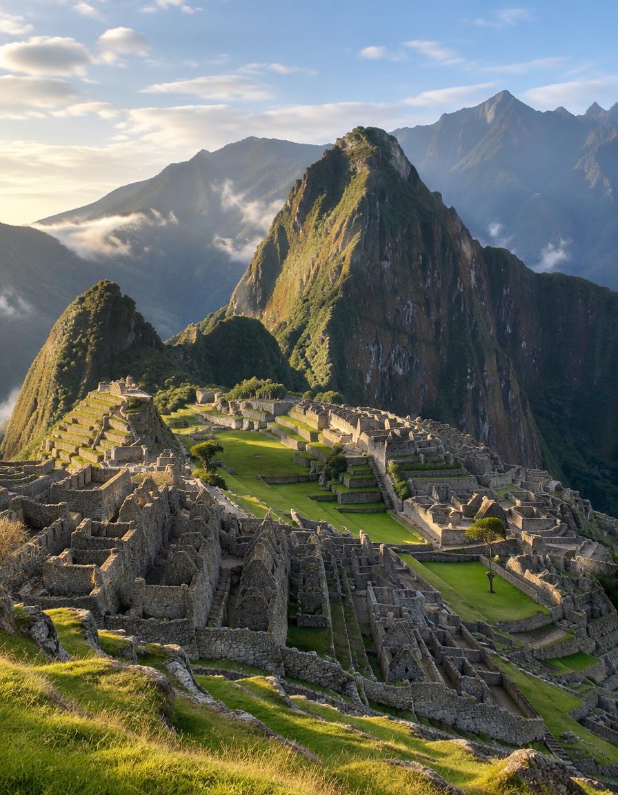 Machu Picchu with Andes peaks in soft morning light
