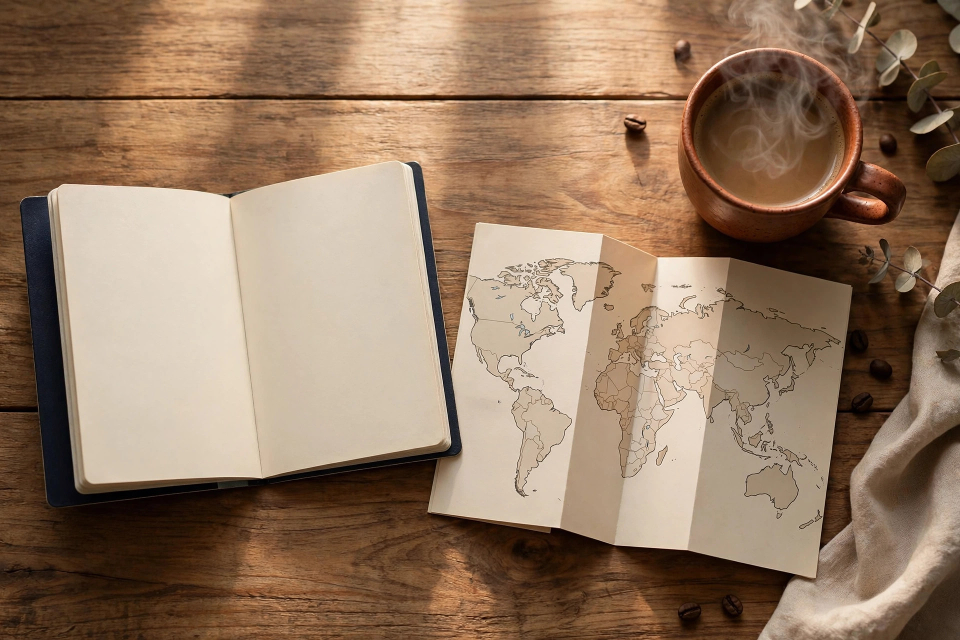 Passport, world map, and coffee on a wooden desk.