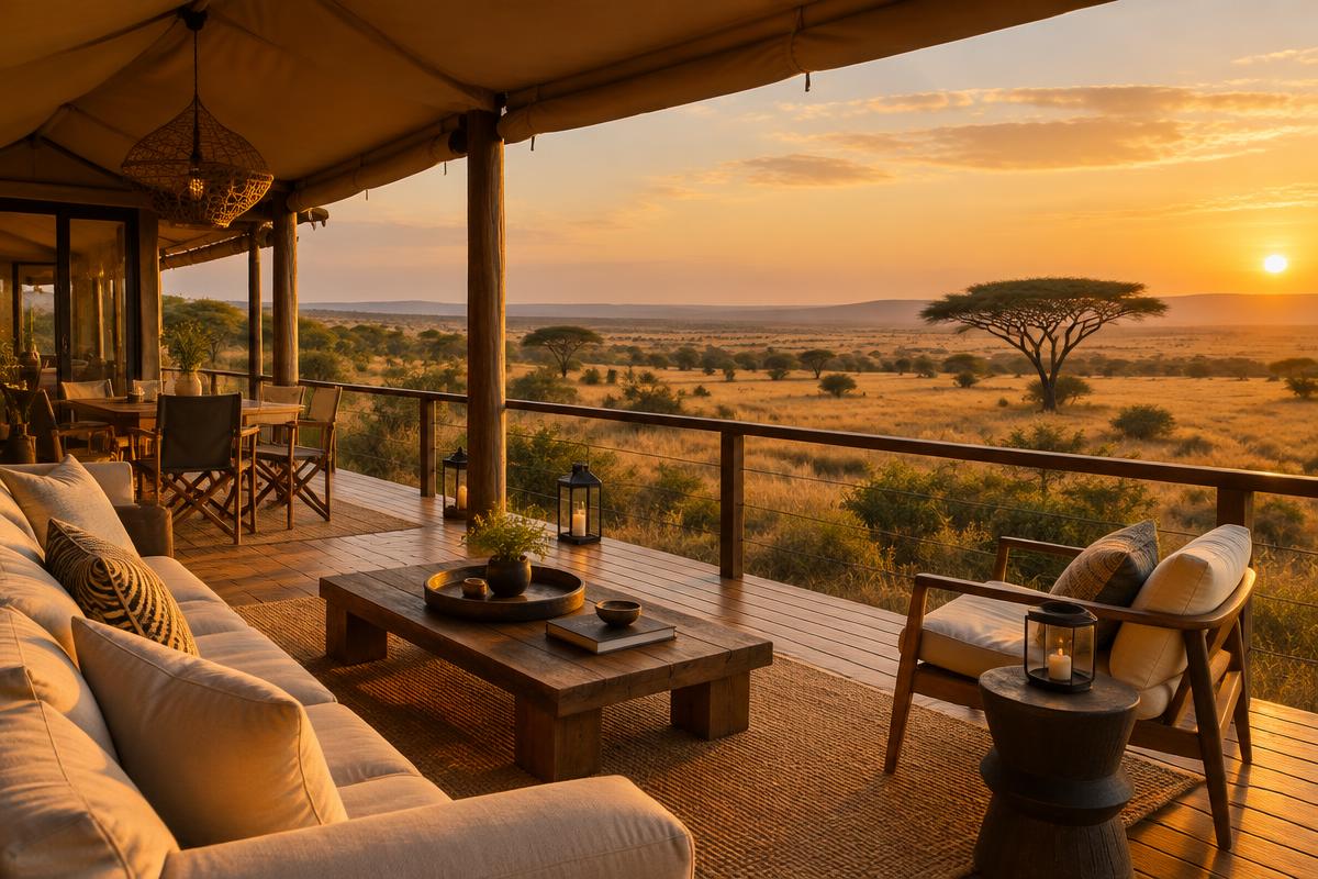 A safari lodge terrace overlooking a golden African savanna with an acacia tree at sunset