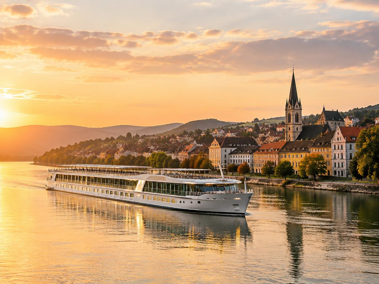 A river cruise ship on a calm European river at golden hour
