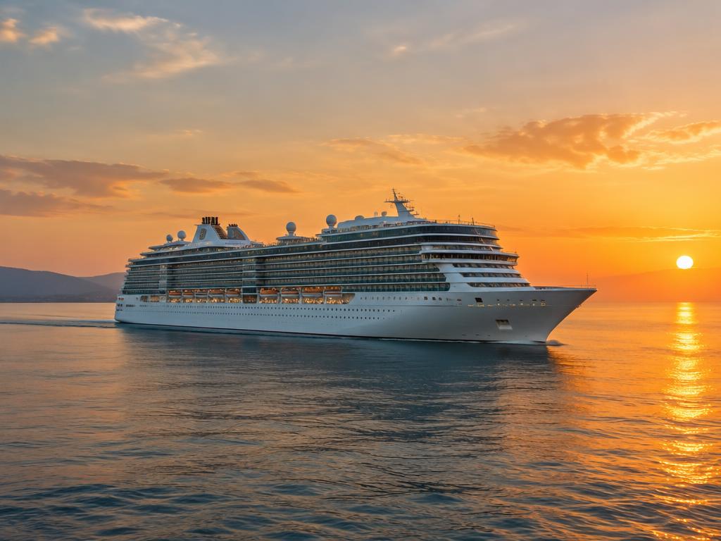 A large white cruise ship sailing on calm water as the sun sets