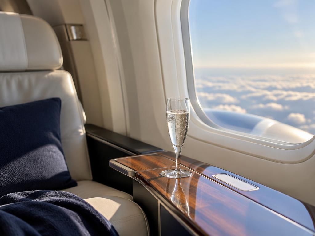 A first-class airplane seat beside a wide window above the clouds, with a chilled glass on a polished wood table