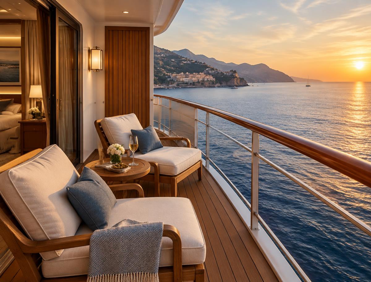 A private suite veranda with lounge chairs overlooking calm blue water at sunset